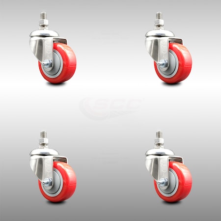 Service Caster 3 Inch 316SS Red Polyurethane Wheel Swivel 3/8 Inch Threaded Stem Caster Set SCC-SS316TS20S314-PPUB-RED-381615-4